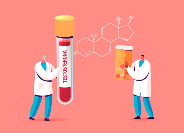 ilustração de médico segurando frasco de testosterona