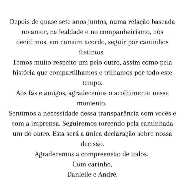 Declaração sobre a separação de Danielle e André