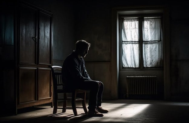 Homem triste com depressão sentado sozinho em sua casa