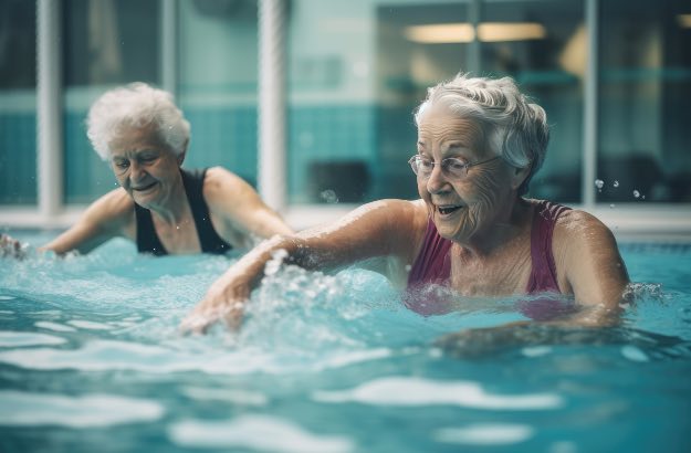 Idosos se exercitando na piscina 