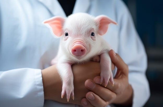 Cientista segurando um porco, imagem produzida por IA