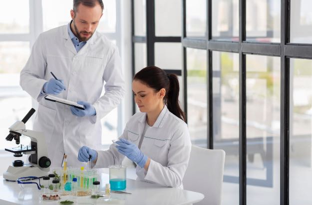 Cientistas trabalhando em laboratório