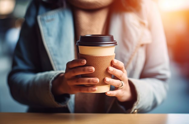 Jovem mulher segurando copo de café com as duas mãos 