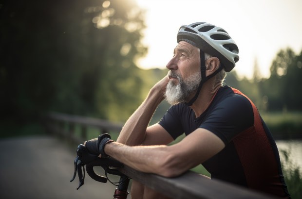 Homem fazendo uma pausa em seu treino de ciclismo ao ar livre 