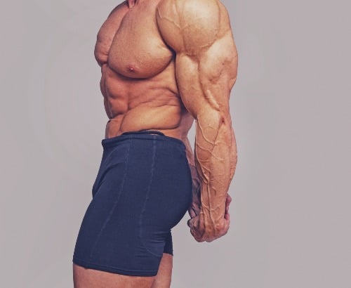 Homem musculoso vascularizado treinando pose para fisiculturismo 