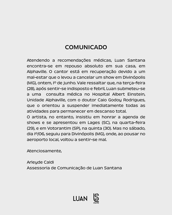 Comunicado da Assessoria de Luan Santana